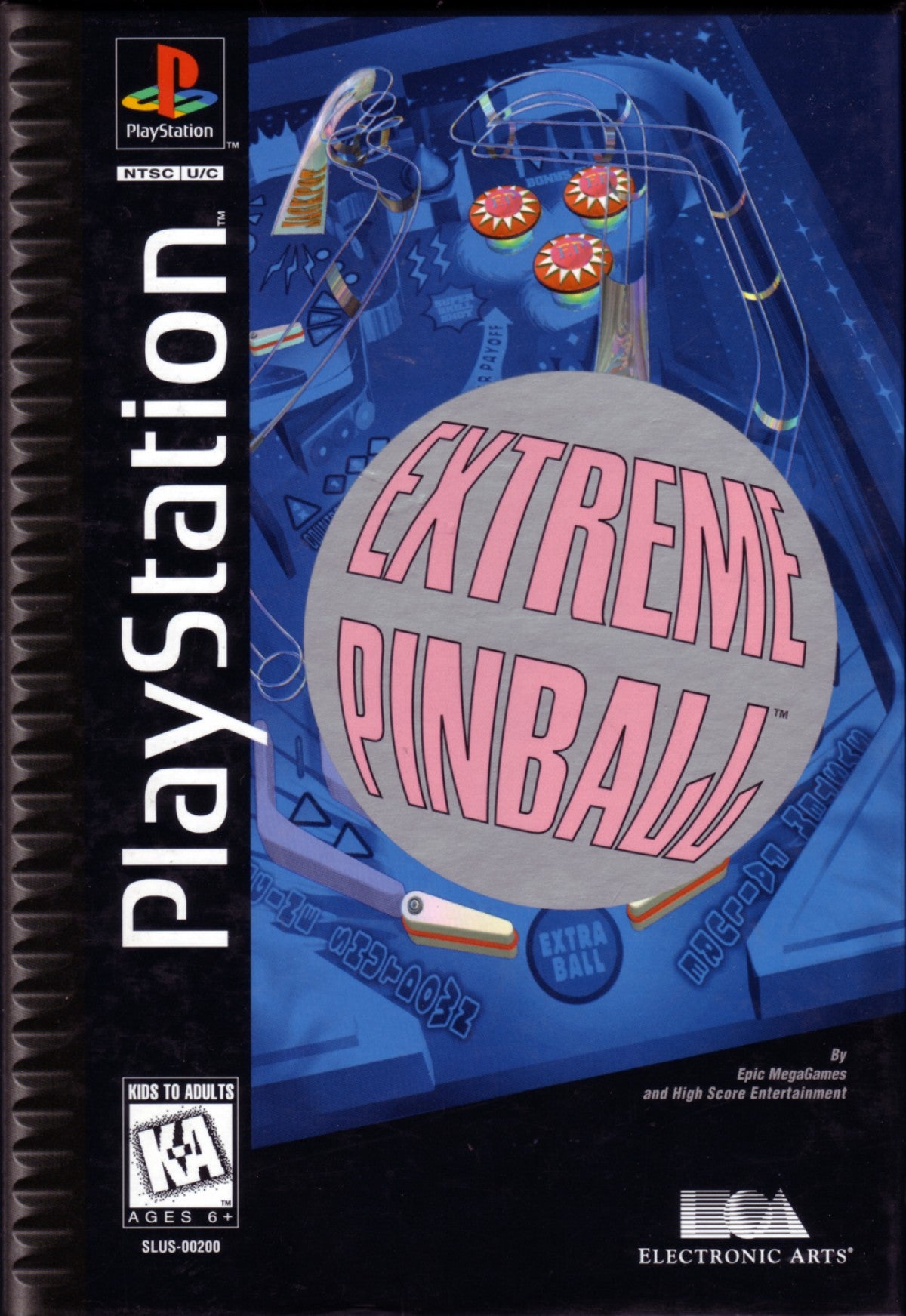 Extreme Pinball [Long Box] for PlayStation 1 (PS1) at Gamers INC, featuring the fast-paced arcade action of four distinct, themed tables—Rock Fantasy, Medieval Knights, Urban Chaos, and Monkey Mayhem—all contained in the rare, collectible early-release "Long Box" packaging; experience high-energy bumpers, secret ramps, and multi-ball madness in a classic title that brought authentic, 32-bit pinball physics and diverse playstyles to the early PlayStation era front box
