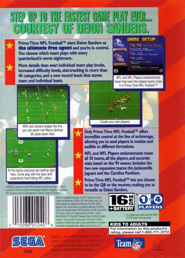 Prime Time NFL Football starring Deion Sanders back cover art for Sega Genesis (GEN) video game