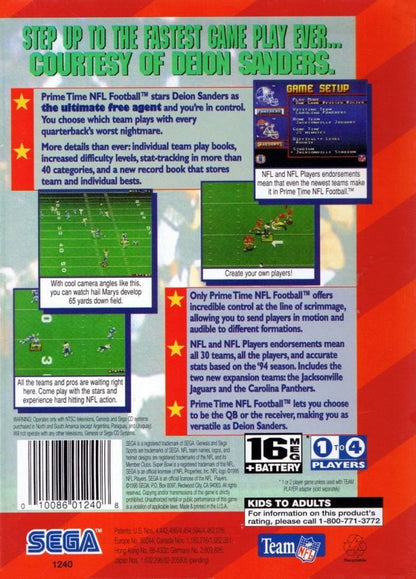 Prime Time NFL Football starring Deion Sanders back cover art for Sega Genesis (GEN) video game