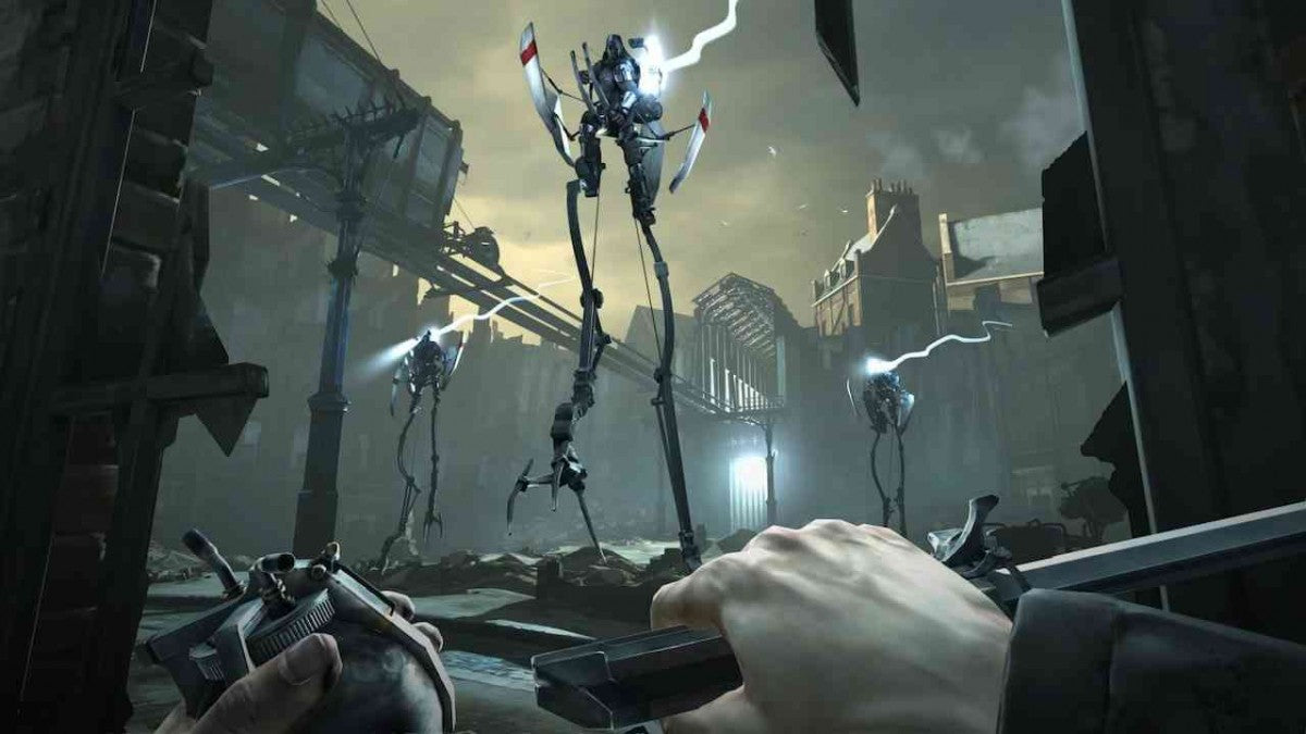 Dishonored Platinum Hits Xbox 360 stealth first-person action video game Arkane Studios Bethesda Corvo supernatural assassin supernatural abilities Blink possession rats chaos system multiple approaches non-lethal lethal options Dunwall plague conspiracy revenge story DLC content included gameplay screenshot
