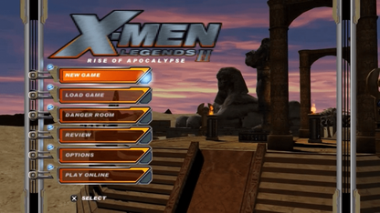 X-Men Legends II: Rise of Apocalypse for PlayStation Portable (PSP) at Gamers INC, featuring the epic action-RPG that unites the X-Men and the Brotherhood of Mutants against the ultimate threat of Apocalypse, allowing you to build a powerful four-player dream team from over 16 playable characters with customizable superpowers, deep RPG progression, and handheld-exclusive content for mutant mayhem on the go main menu title screen