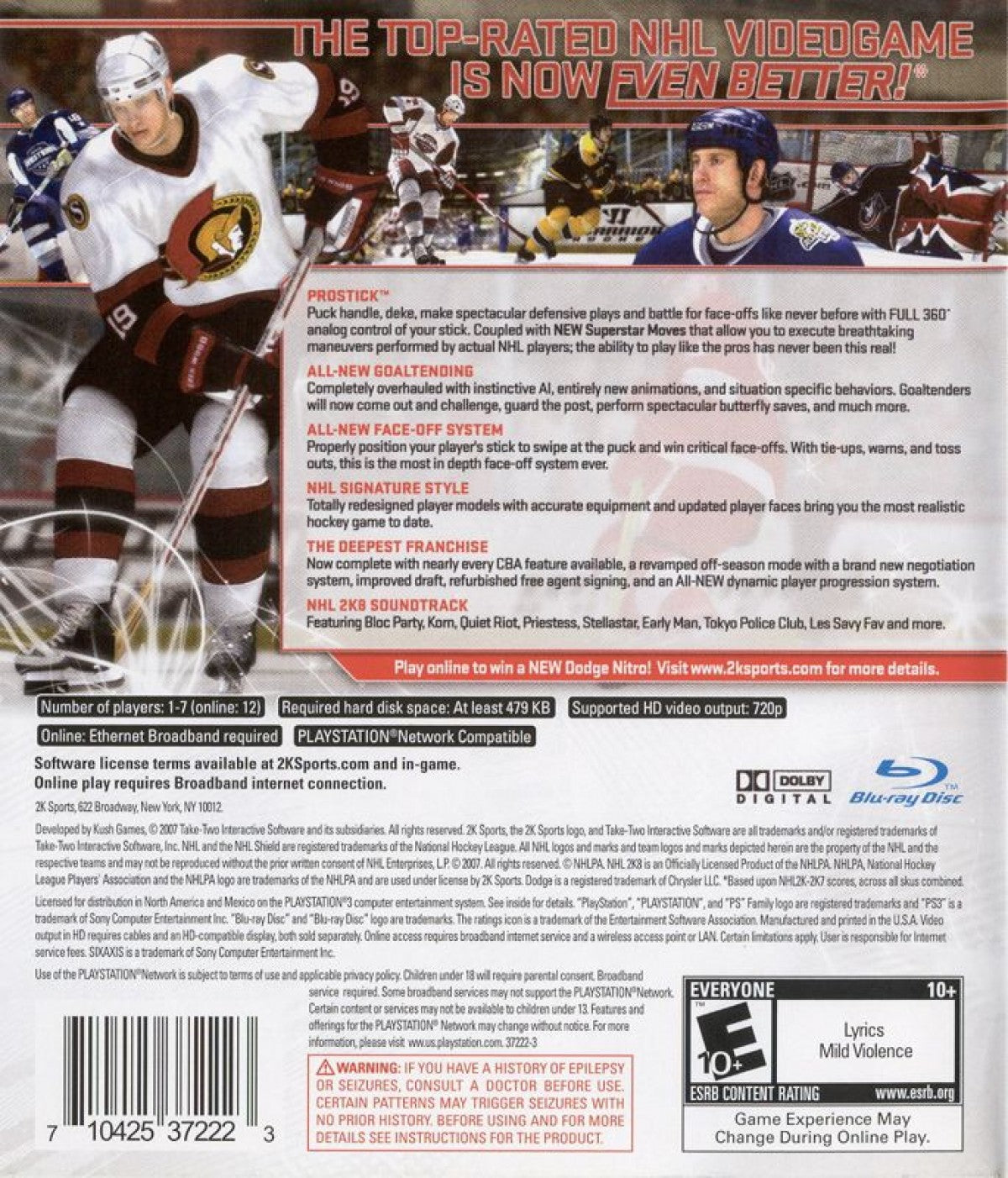 NHL 2K8 retro PlayStation 3 video game featuring realistic hockey gameplay, NHL sports simulation, multiplayer competition and classic PS3 entertainment - back of case