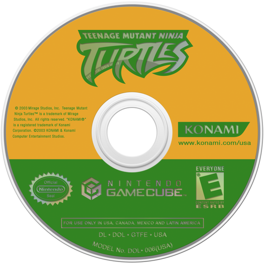 Teenage Mutant Ninja Turtles GameCube GC video game, action beat ’em up, cartoon-based gameplay, multiplayer, family-friendly, Nintendo GameCube title disc art