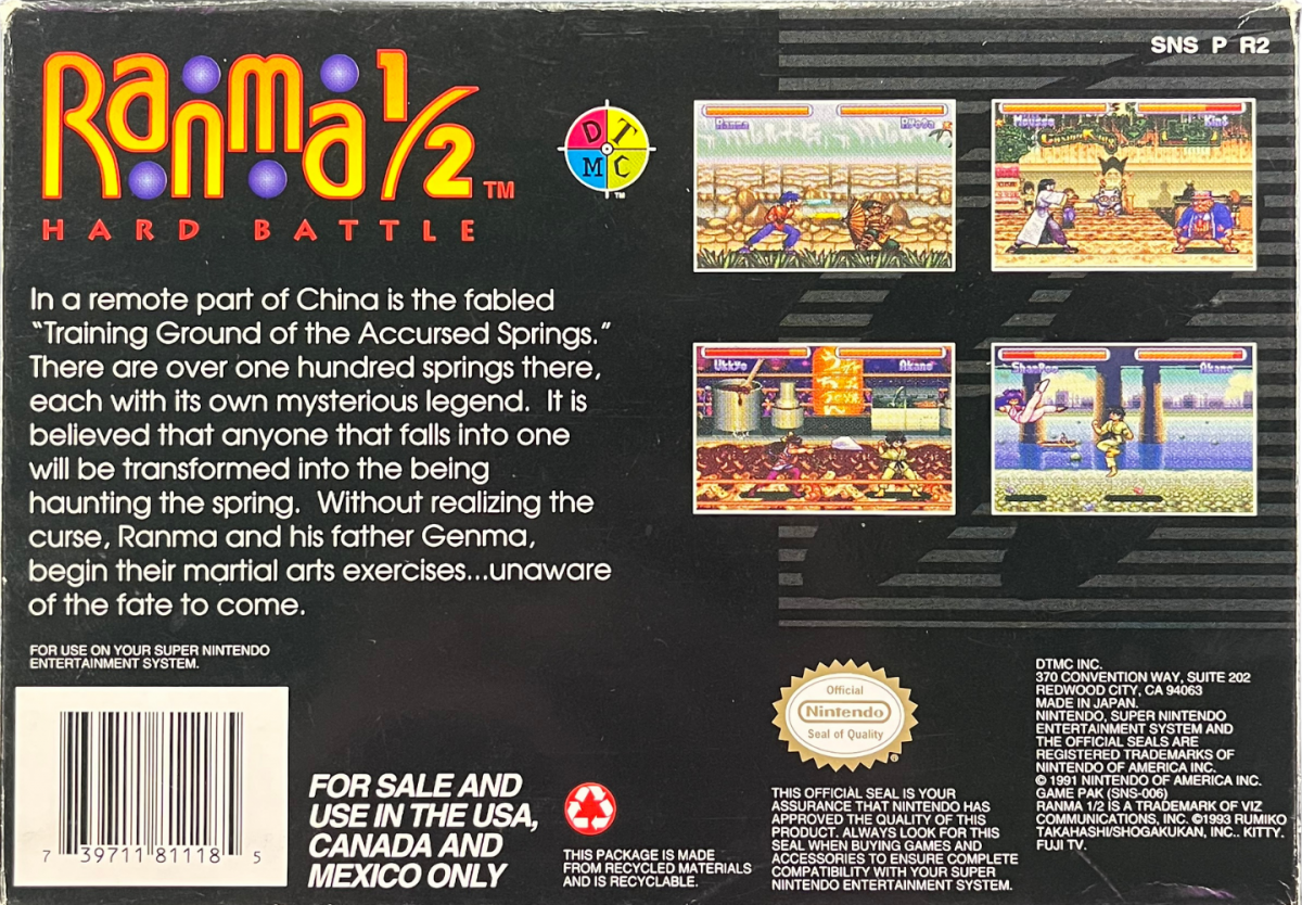 Ranma 1 2 Hard Battle Super Nintendo SNES fighting game anime brawler versus combat one on one battles Rumiko Takahashi characters multiplayer fighting retro 16 bit gaming Super Nintendo Entertainment System software video game title rear art