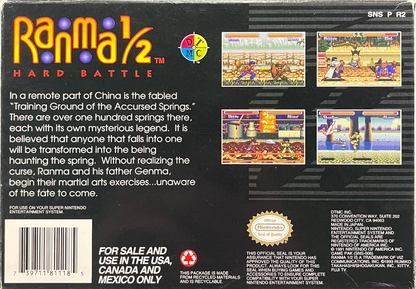 Ranma 1 2 Hard Battle Super Nintendo SNES fighting game anime brawler versus combat one on one battles Rumiko Takahashi characters multiplayer fighting retro 16 bit gaming Super Nintendo Entertainment System software video game title rear art