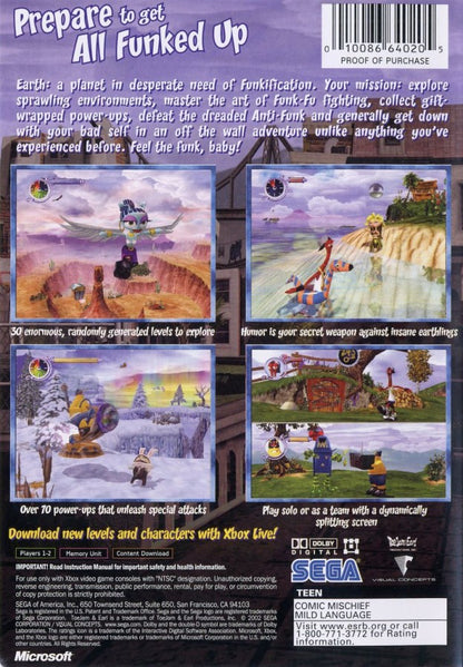 ToeJam & Earl III Mission to Earth Microsoft Xbox Original Xbox video game featuring action adventure gameplay funky alien characters platforming exploration power ups cooperative gameplay and colorful Earth based levels retro video game collection collectible gaming appeal back cover art