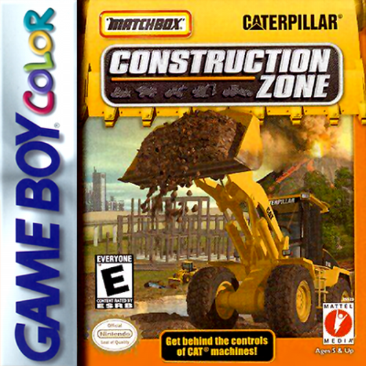 Matchbox Caterpillar Construction Zone for Game Boy Color, cover image for a simulation video game with construction vehicle gameplay, task-based challenges, mini-games, and family-friendly activities