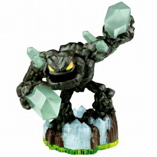 Prism Break Skylanders Spyro’s Adventure figure, earth element rock golem with crystal arms, firing laser beams from glowing hands, posed in battle stance, detailed collectible toy on portal base from Skylanders Spyro’s Adventure series