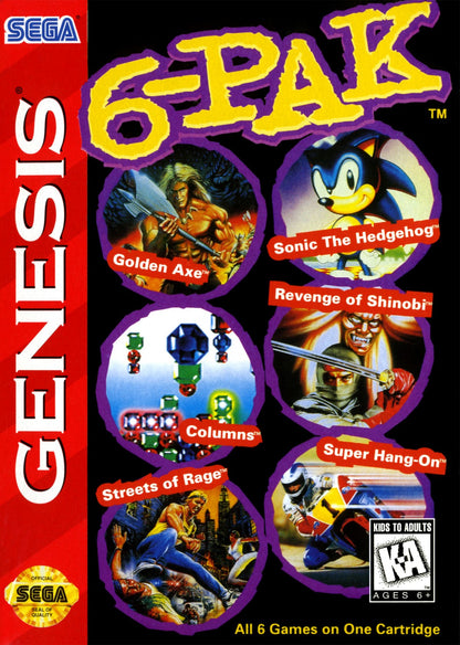 6-Pak Sega Genesis GEN video game featuring six classic Sega games in one collection arcade style action platforming sports and puzzle gameplay retro gaming variety multiple game collection classic 16 bit Sega gameplay retro video game collection collectible gaming appeal front cover art