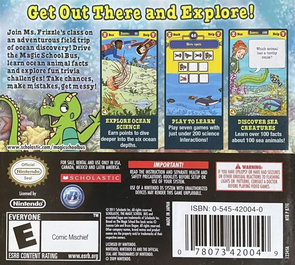 The Magic School Bus Oceans Nintendo DS video game, educational adventure gameplay, ocean science learning, family-friendly handheld console title back cover