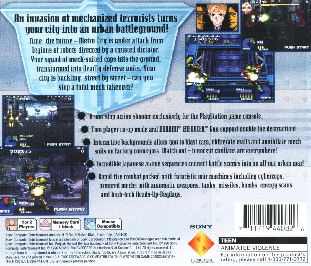Project Horned Owl PS1 PlayStation 1 light gun shooter mech combat sci fi action game rail shooter cyberpunk retro video game back cover art