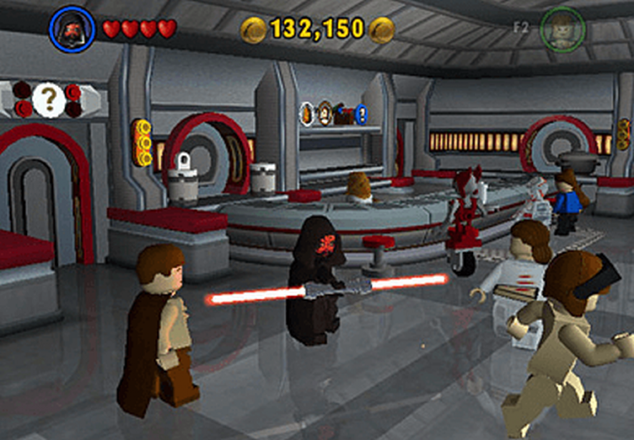 LEGO Star Wars The Video Game Player’s Choice for GameCube, gameplay for an action-adventure platformer video game with Star Wars characters, cooperative gameplay, puzzle-solving, and family-friendly LEGO action