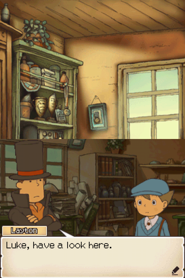 Professor Layton and the Diabolical Box Nintendo DS game featuring puzzle-solving adventure gameplay and story-driven mystery screenshot