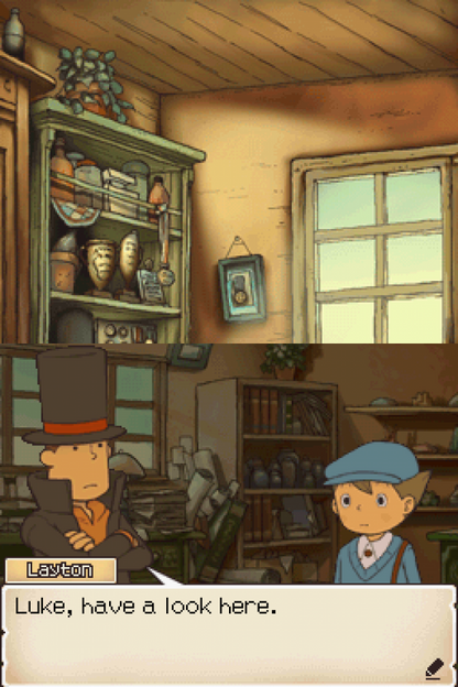 Professor Layton and the Diabolical Box Nintendo DS game featuring puzzle-solving adventure gameplay and story-driven mystery screenshot