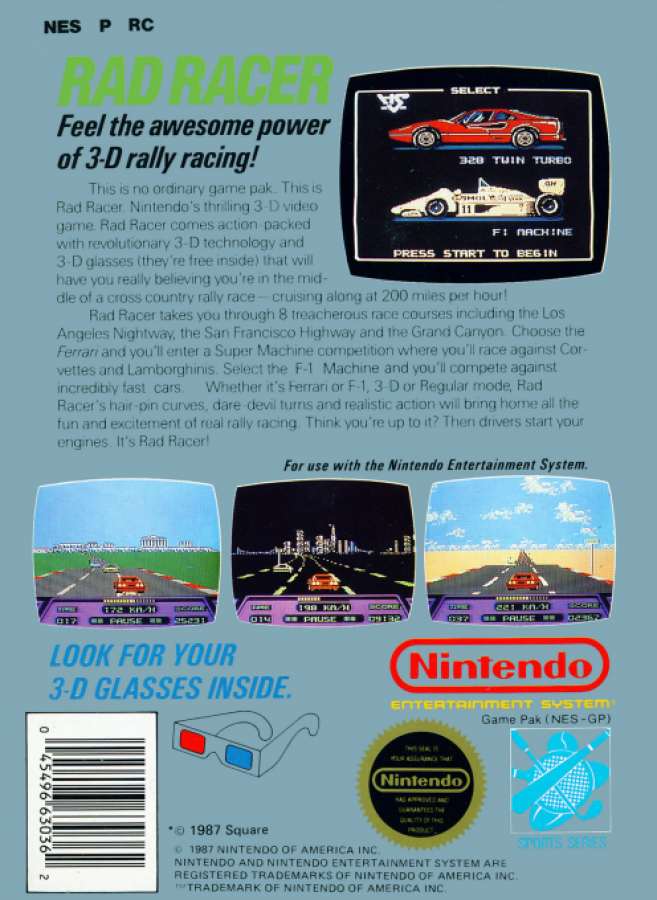 Rad Racer back of box for Nintendo Entertainment System (NES) retro video game