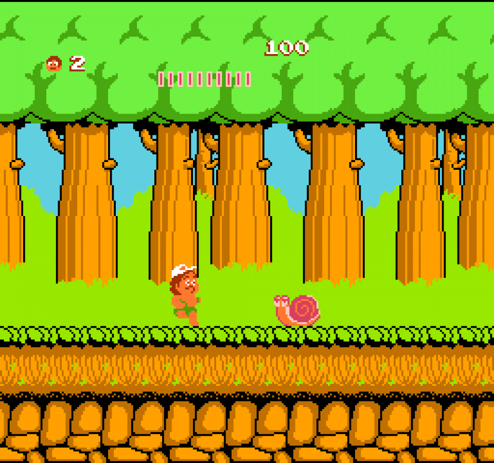 Adventure Island Nintendo Entertainment System NES video game featuring side scrolling platforming gameplay tropical island exploration obstacle courses enemy encounters fruit collecting power ups and classic 8 bit action retro video game collection collectible gaming appeal gameplay
