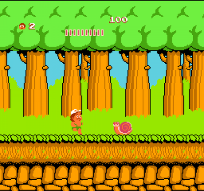 Adventure Island Nintendo Entertainment System NES video game featuring side scrolling platforming gameplay tropical island exploration obstacle courses enemy encounters fruit collecting power ups and classic 8 bit action retro video game collection collectible gaming appeal gameplay
