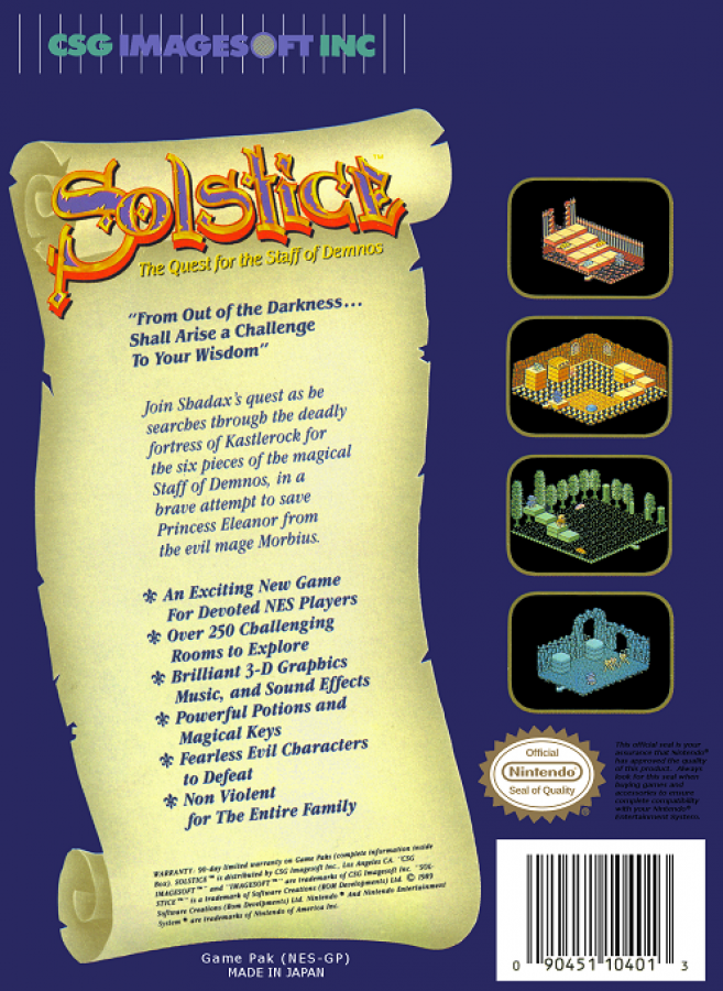 Solstice – Nintendo Entertainment System (NES) Back Box Art Cover in HD resolution for this NES Videogame