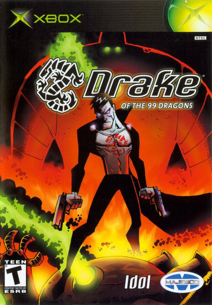 Drake of the 99 Dragons retro Xbox video game Drake of the 99 Dragons third person action shooter comic style gunplay supernatural crime noir combat console title Xbox release cover art