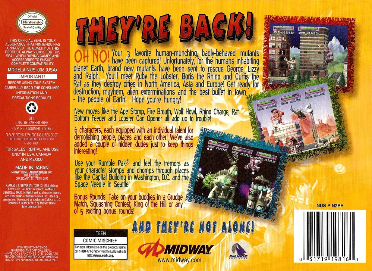 Rampage 2 Universal Tour cartridge for the Nintendo 64 featuring arcade style destruction gameplay with giant monsters smashing cities battling enemies and multiplayer chaos across global locations back cover art