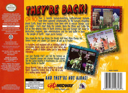 Rampage 2 Universal Tour cartridge for the Nintendo 64 featuring arcade style destruction gameplay with giant monsters smashing cities battling enemies and multiplayer chaos across global locations back cover art