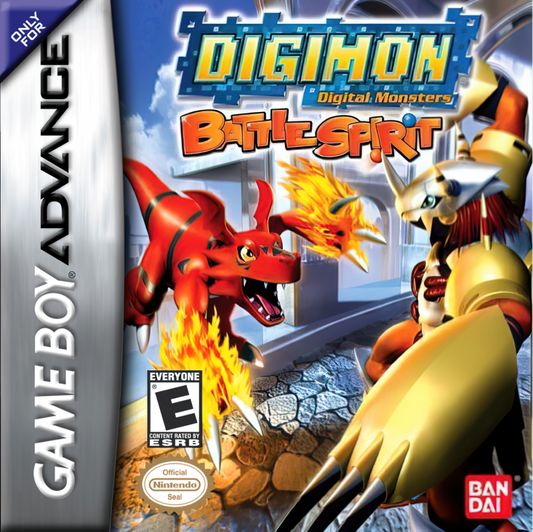 Digimon Battle Spirit cartridge for the Game Boy Advance featuring fighting game gameplay with digital monsters collectible abilities arena battles and multiplayer combat based on the Digimon anime series cover art