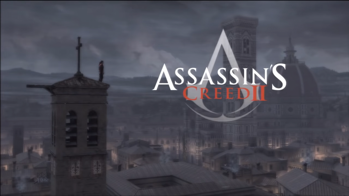 Assassin’s Creed II action-adventure retro video game for PlayStation 3 (PS3), featuring Ezio Auditore in Renaissance Italy title screen