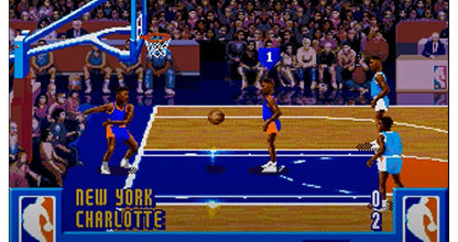 NBA Jam Super Nintendo Entertainment System SNES arcade basketball video game over the top two on two fast paced action turbo button flaming nets hang time dunks secret players multiplayer Midway 90s sports classic original arcade version gameplay screenshot