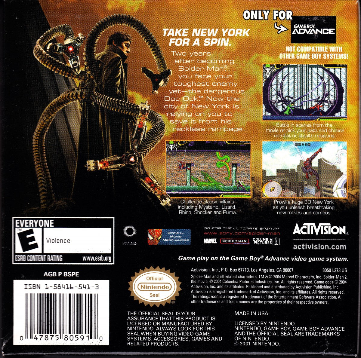 Spider-Man 2 for Game Boy Advance (GBA), back of case for a retro video game featuring action-adventure gameplay, side-scrolling combat, web-slinging abilities, mission-based challenges, and superhero-themed exploration