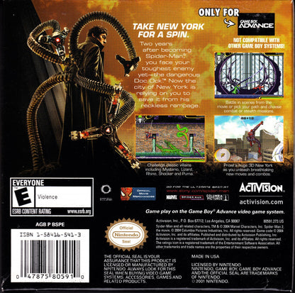Spider-Man 2 for Game Boy Advance (GBA), back of case for a retro video game featuring action-adventure gameplay, side-scrolling combat, web-slinging abilities, mission-based challenges, and superhero-themed exploration