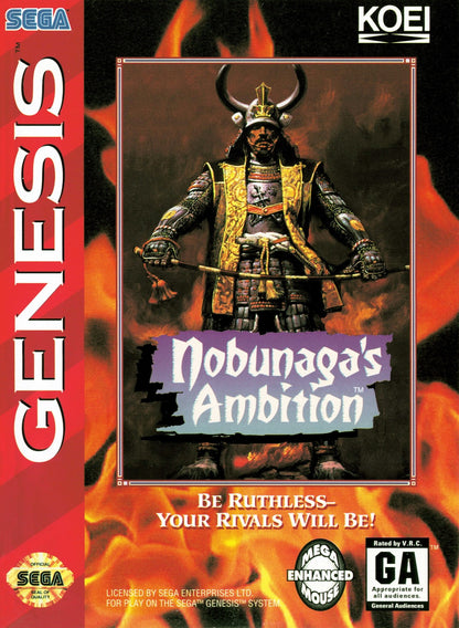 Nobunaga's Ambition Sega Genesis GEN for retro video game enthusiasts featuring historical strategy simulation gameplay feudal Japan conquest tactical warfare resource management diplomacy turn based decision making and collectible gaming appeal front cover