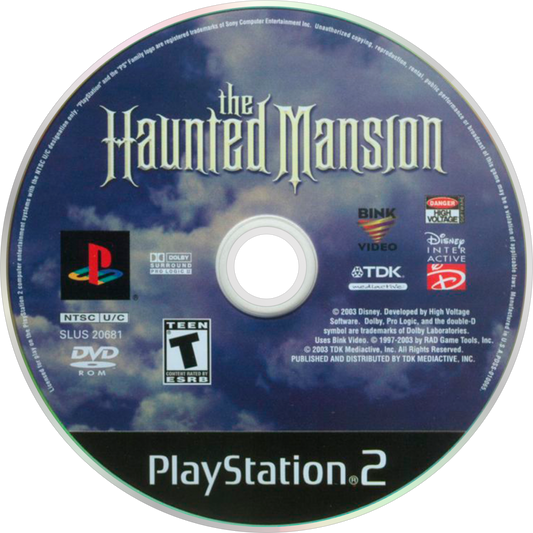Disney's The Haunted Mansion PlayStation 2 PS2 for action adventure video game fans featuring spooky mansion exploration ghost hunting puzzle solving supernatural enemies atmospheric environments Disney inspired horror adventure mystical weapons cinematic gameplay collectible gaming appeal disc