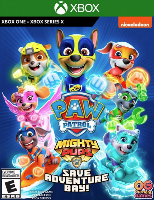 Paw Patrol: Mighty Pups Save Adventure Bay for Xbox One, cover art image for a family-friendly action-adventure kids video game