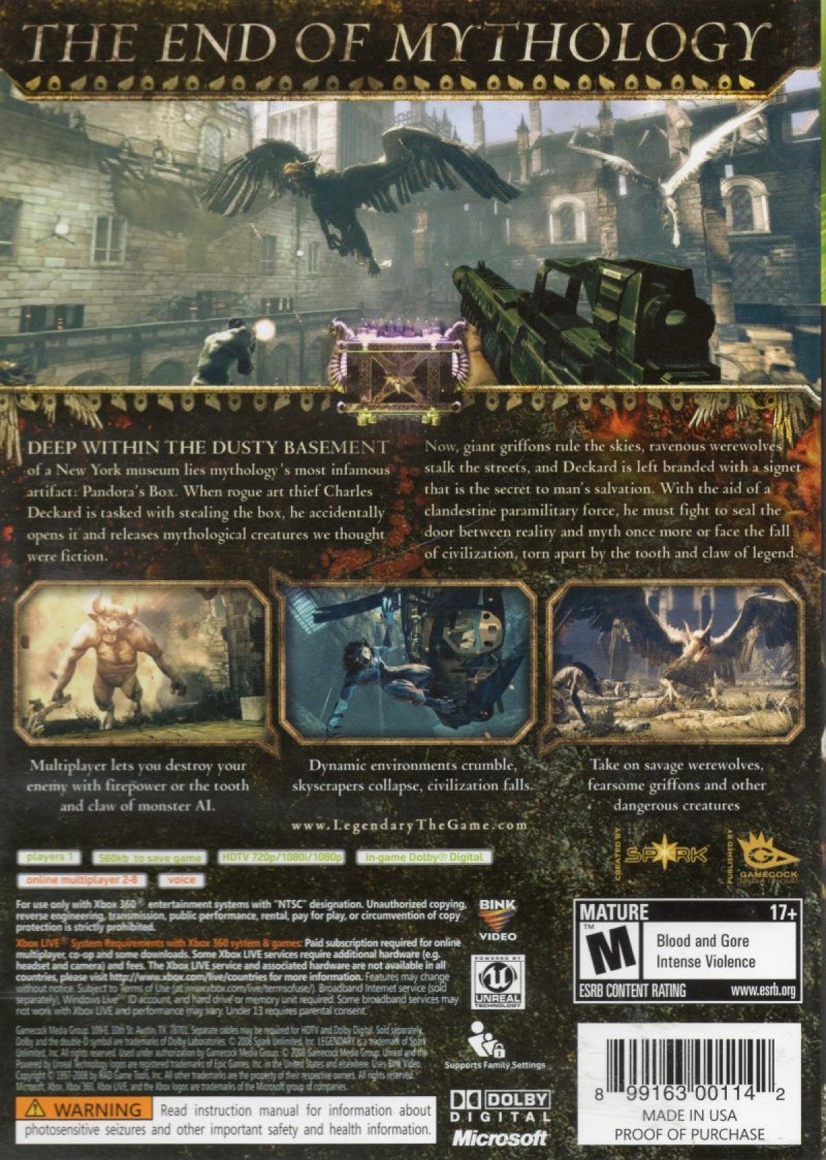 Legendary for Xbox 360 first person shooter action game featuring mythological creatures modern city setting campaign mode supernatural combat back cover art