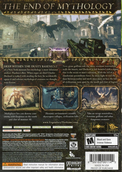 Legendary for Xbox 360 first person shooter action game featuring mythological creatures modern city setting campaign mode supernatural combat back cover art