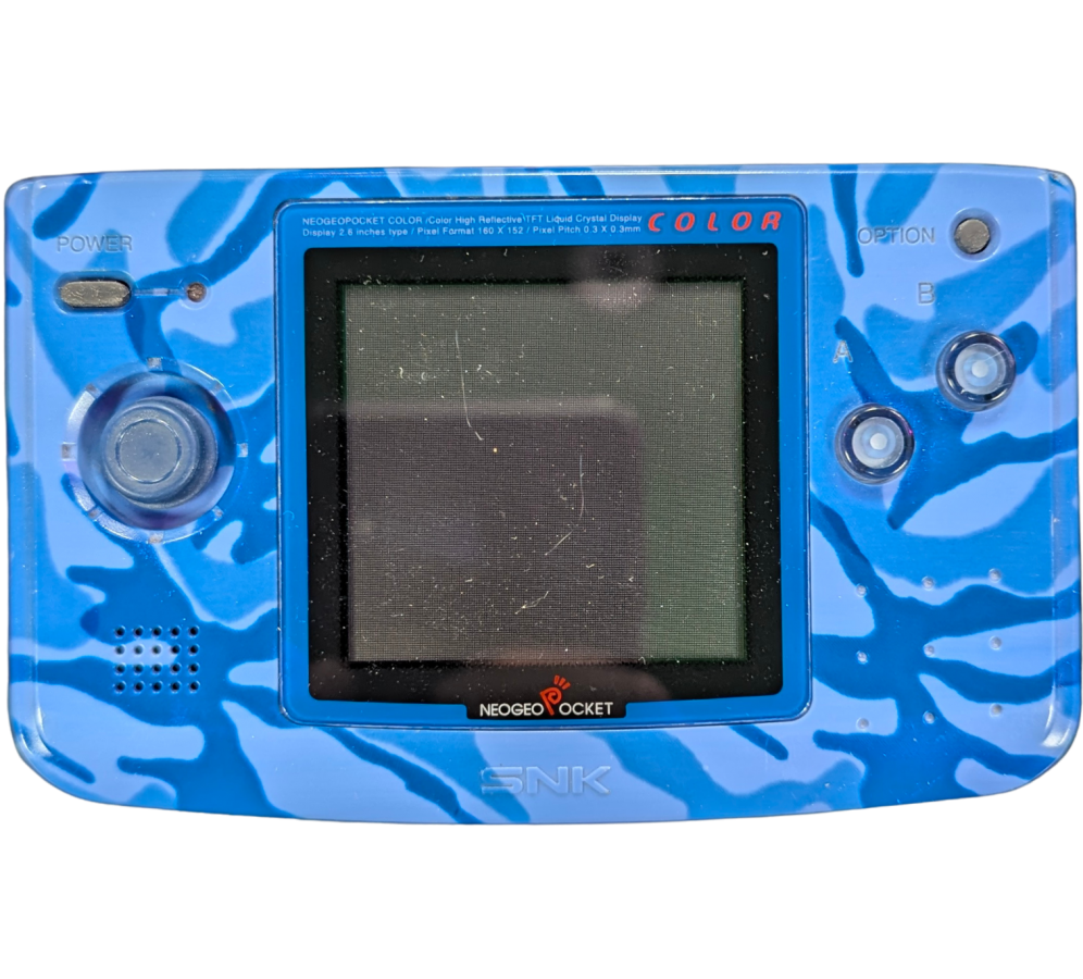 Neo Geo Pocket Color System (NGPC) [Ocean Blue][CIB] in scratch and scuff condition featuring SNK’s compact handheld with a crisp color screen and clicky micro switch stick ideal for arcade style play; includes the original box and contents but shows noticeable cosmetic wear on the system shell real front of console