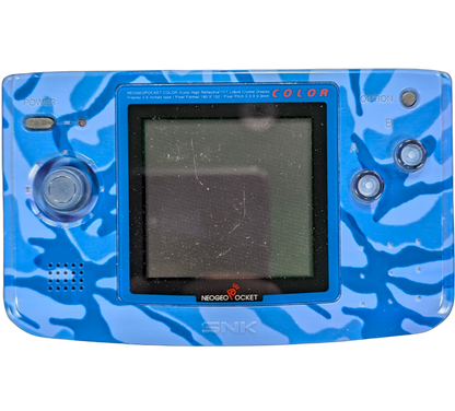 Neo Geo Pocket Color System (NGPC) [Ocean Blue][CIB] in scratch and scuff condition featuring SNK’s compact handheld with a crisp color screen and clicky micro switch stick ideal for arcade style play; includes the original box and contents but shows noticeable cosmetic wear on the system shell real front of console