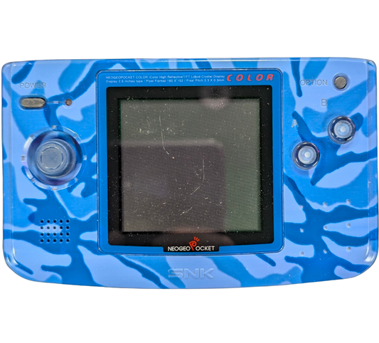 Neo Geo Pocket Color System (NGPC) [Ocean Blue][CIB] in scratch and scuff condition featuring SNK’s compact handheld with a crisp color screen and clicky micro switch stick ideal for arcade style play; includes the original box and contents but shows noticeable cosmetic wear on the system shell real front of console