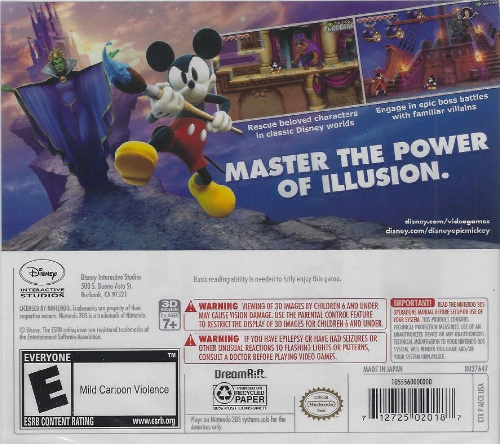 Disney Epic Mickey: Power of Illusion back of case for Nintendo 3DS (3DS) platformer video game
