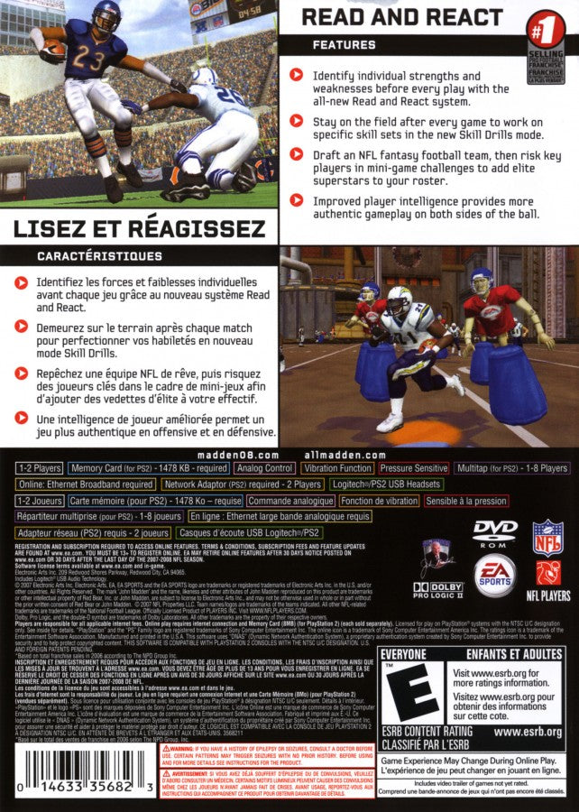 Madden NFL 08 retro PlayStation 2 video game Madden NFL American football sports simulation realistic gameplay franchise mode multiplayer console title PlayStation 2 release back of case