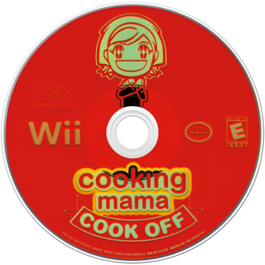 Cooking Mama Cook Off game for the Nintendo Wii featuring motion controlled cooking mini games using the Wii Remote with a variety of recipes step by step tasks and multiplayer modes in a colorful family friendly kitchen setting disc