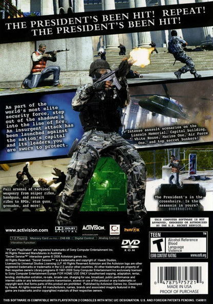 Secret Service PS2 Sony PlayStation 2 first person shooter action game political thriller White House protection missions tactical combat stealth elements conspiracy storyline security agent gameplay retro gaming PlayStation 2 software video game title back cover art