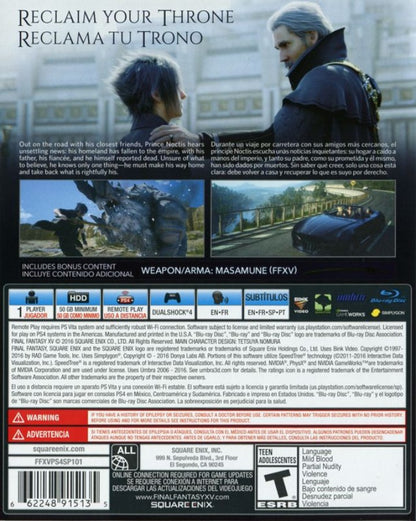Final Fantasy XV Day One Edition back cover for PlayStation 4 action role-playing video game.