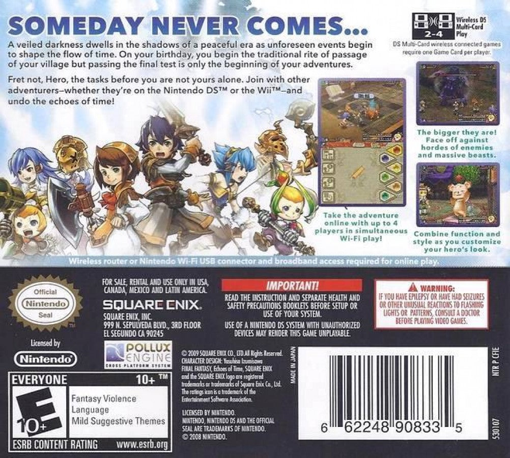 Final Fantasy Crystal Chronicles Echoes of Time Nintendo DS game featuring action RPG gameplay with real time combat dungeon exploration character customization and cooperative multiplayer in the Final Fantasy Crystal Chronicles universe back cover 