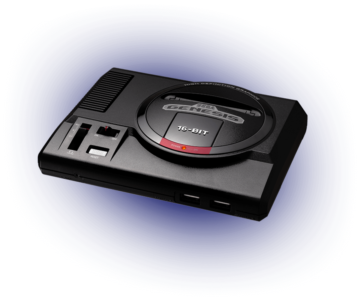 SEGA Genesis Mini retro gaming console replica plug-and-play system preloaded with 42 classic games including Sonic the Hedgehog Streets of Rage 2 and Phantasy Star IV with two replica control pads HDMI cable and modern menu interface glowing system image