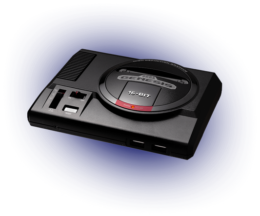 SEGA Genesis Mini retro gaming console replica plug-and-play system preloaded with 42 classic games including Sonic the Hedgehog Streets of Rage 2 and Phantasy Star IV with two replica control pads HDMI cable and modern menu interface glowing system image