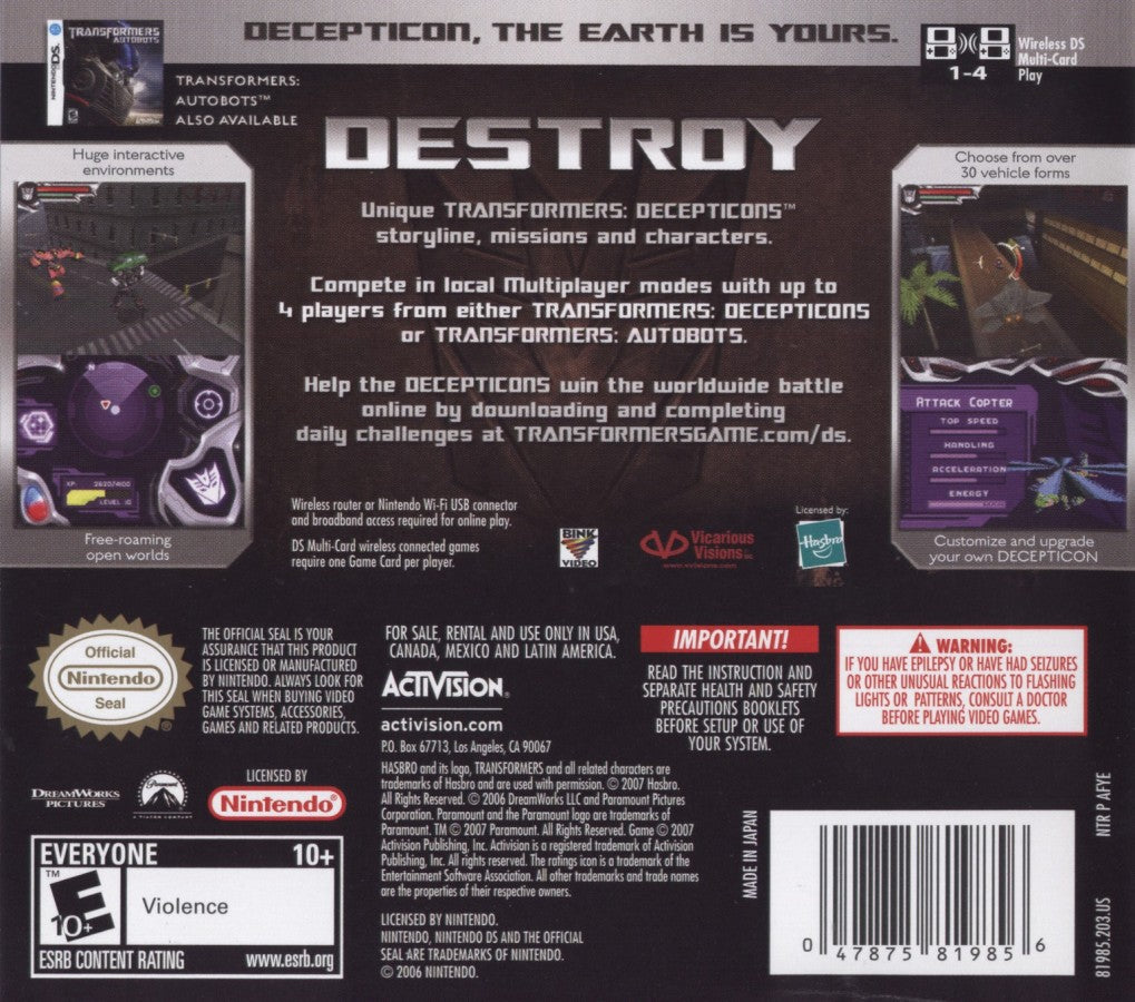 Transformers: Decepticons back of case for Nintendo DS (DS) action adventure video game