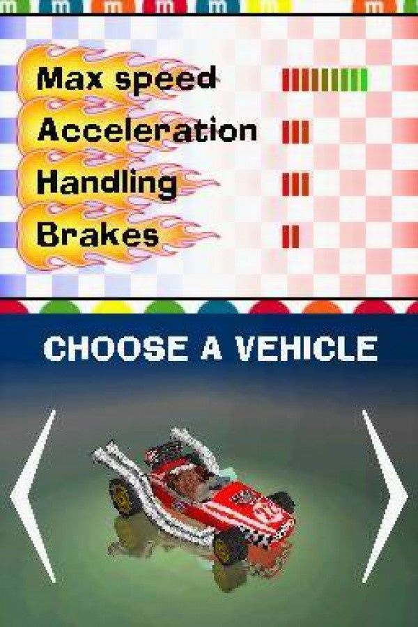 M&M’s Kart Racing Nintendo DS video game, arcade-style racing, colorful candy-themed tracks, family-friendly handheld console title vehicle selection