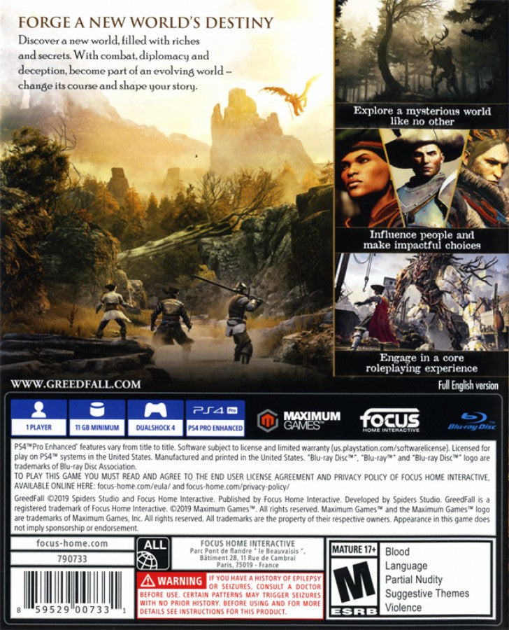 GreedFall retro PS4 video game GreedFall fantasy action RPG colonial era adventure story driven exploration magic combat role playing game console release back cover 