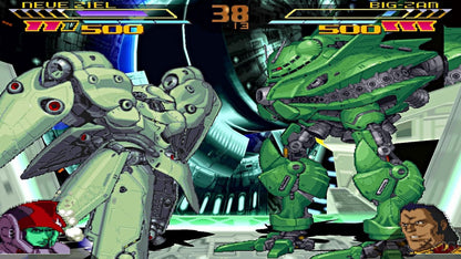 Gameplay for Gundam Battle Assault 2 PlayStation 1 game featuring fast-paced 2D fighting action with classic Mobile Suit Gundam characters